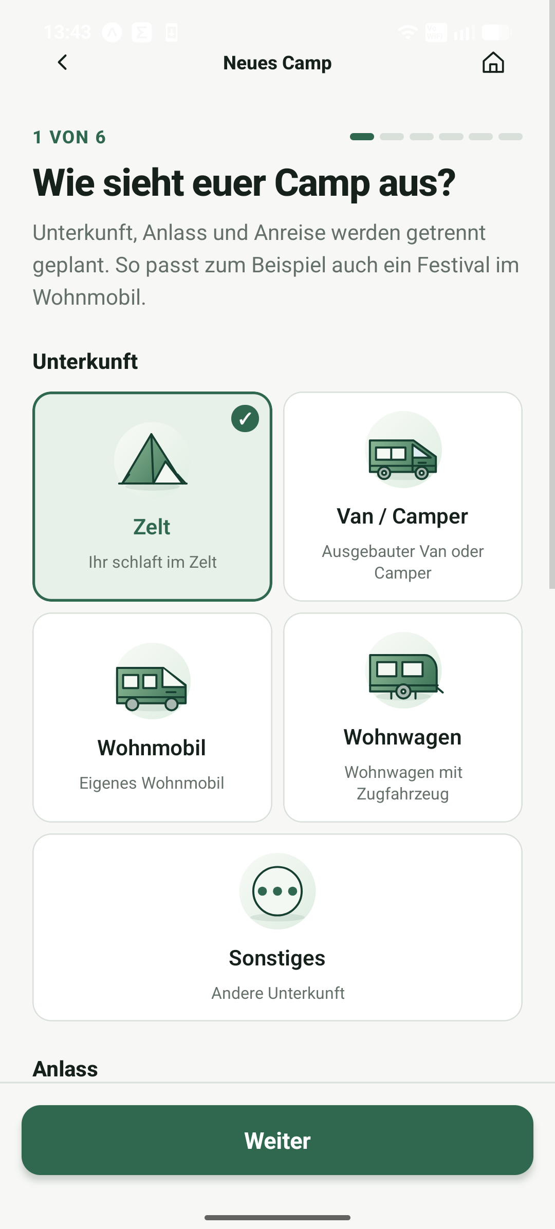 PlanCamp Unterkunft auswählen