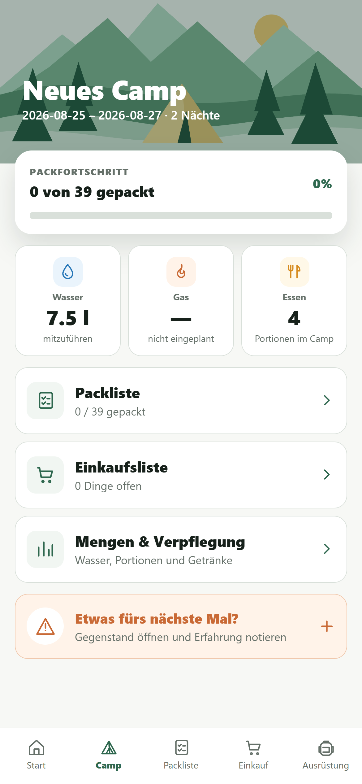 PlanCamp Camp-Dashboard mit Pack- und Einkaufsstatus