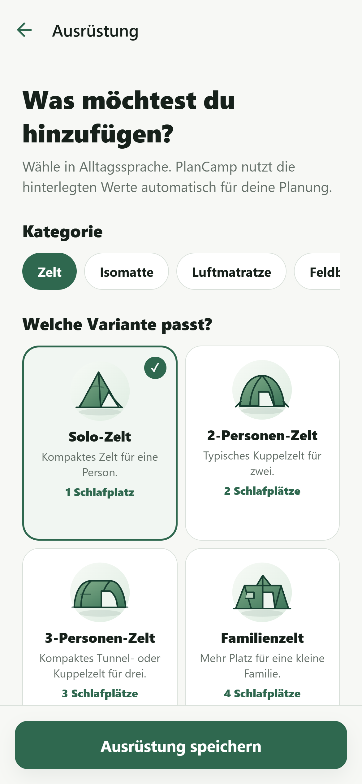 PlanCamp Eigene Ausrüstung hinterlegen