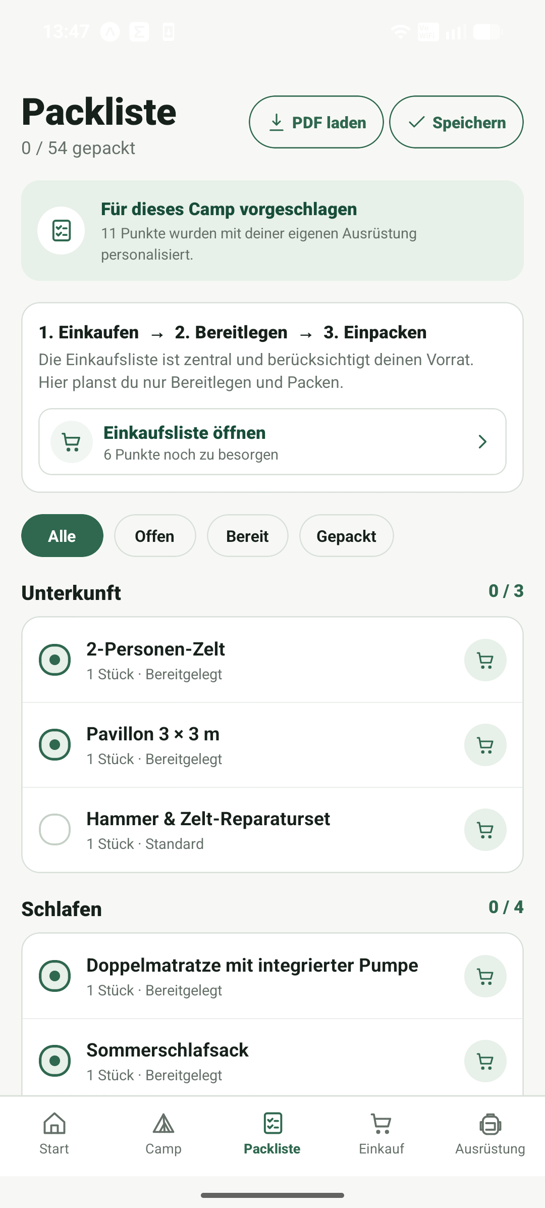 PlanCamp Packliste organisieren