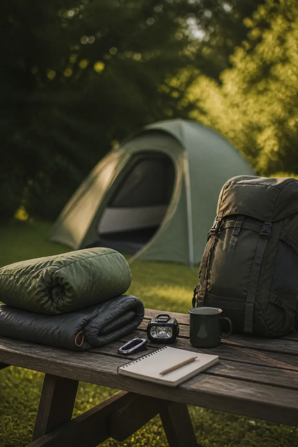 Vorbereitetes Zelt mit Schlafsäcken und Campingrucksack