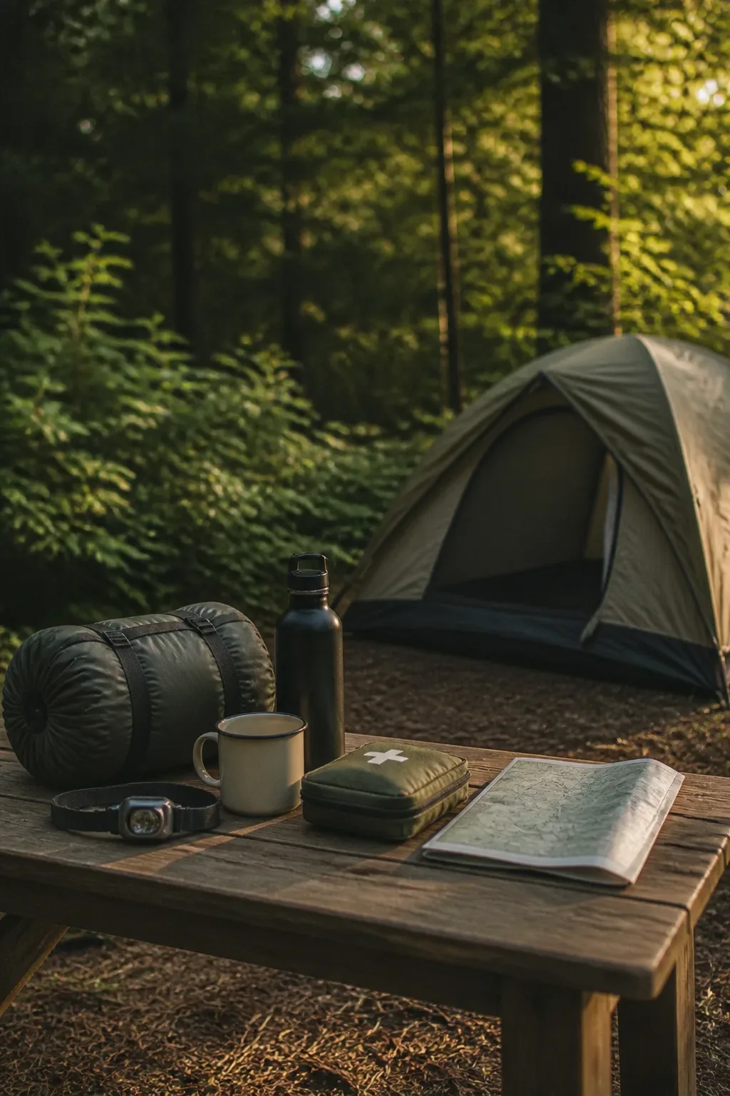 Zelt und Campingausrüstung auf einem Waldcampingplatz