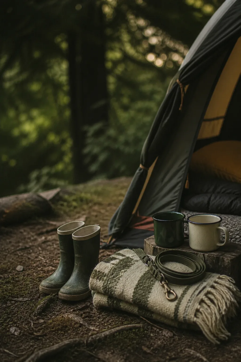 Familiencamping mit Kinderstiefeln, Decke und Hundeleine