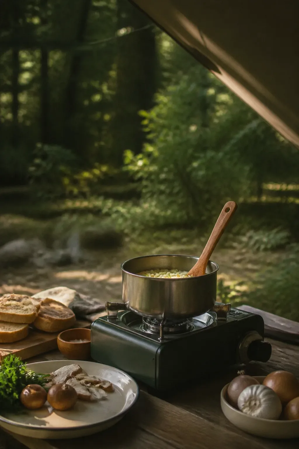 Campingkocher mit Topf und einfachen Zutaten unter einem Tarp