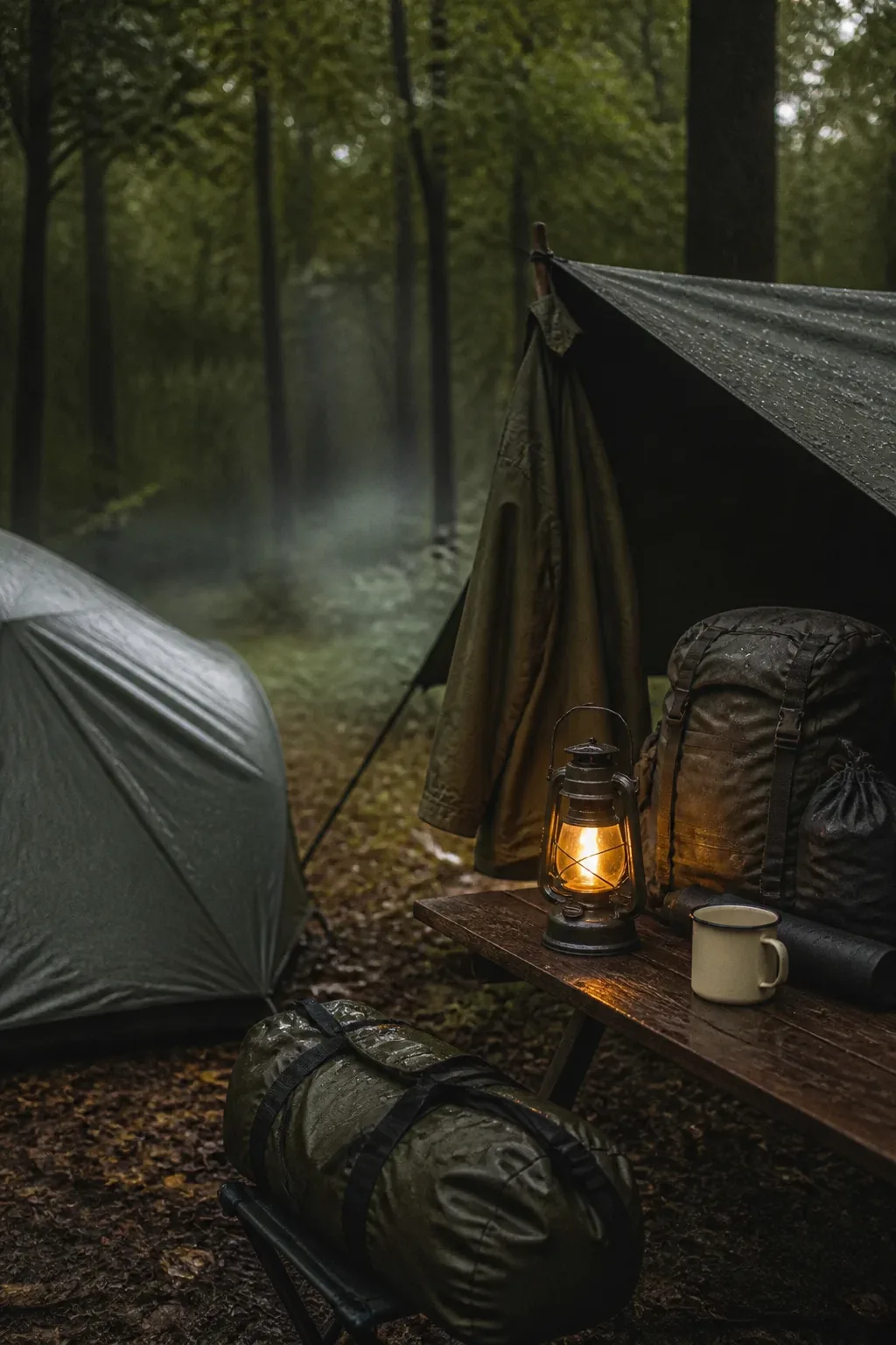 Regensicheres Camp mit Tarp, Rucksack und warmer Laterne