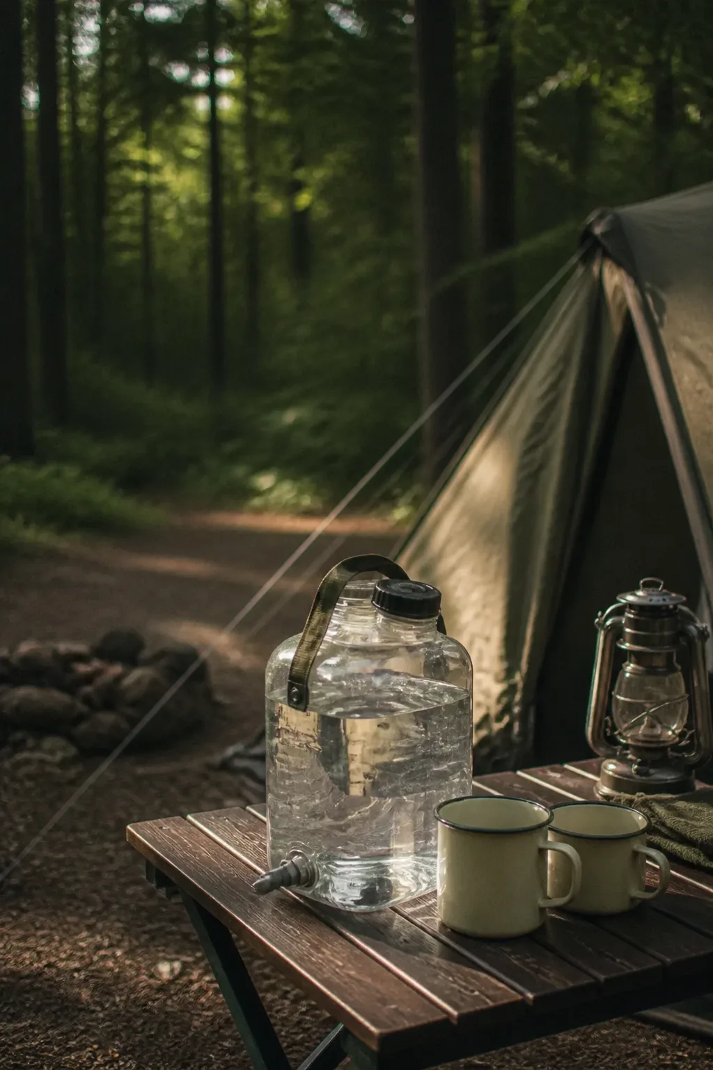 Wasserkanister und Emailletassen neben einem Campingzelt